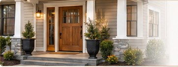Freshly improved home entryway with wood front door and porch columns