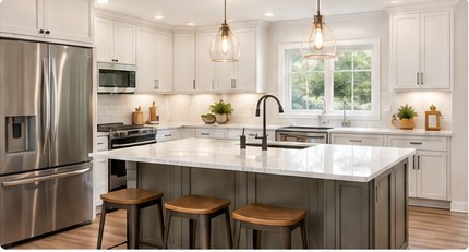 Bright kitchen remodel with island, tile backsplash, and pendant lights